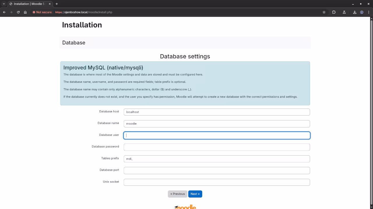 Moodle Installation Database Configuration