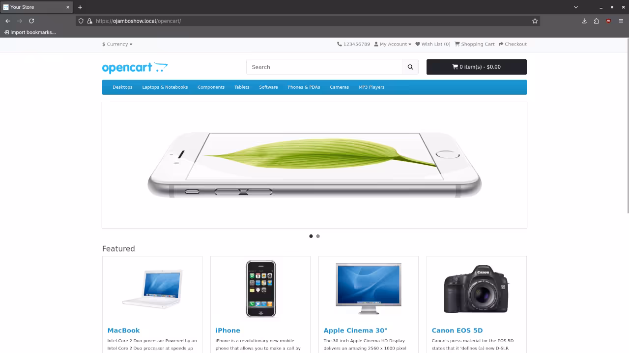OpenCart Home Screen to signify completed installation