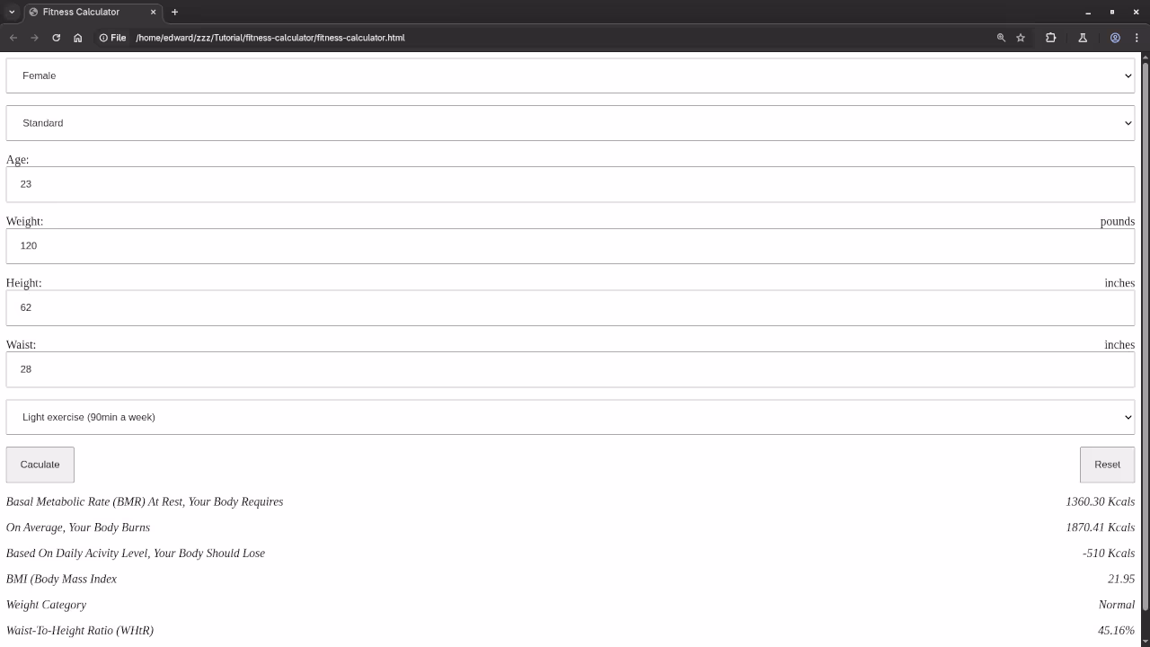 Desktop Web Browser Standard Fitness Calculator