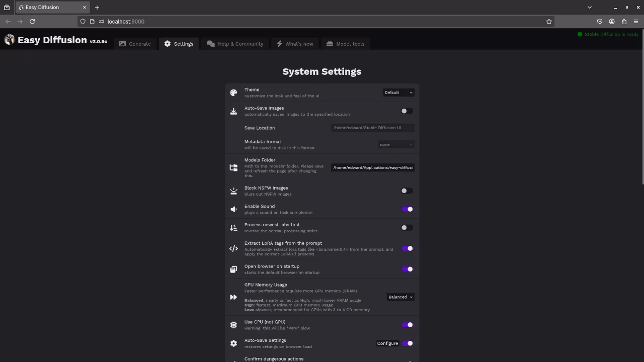 Easy Diffusion Settings Screen