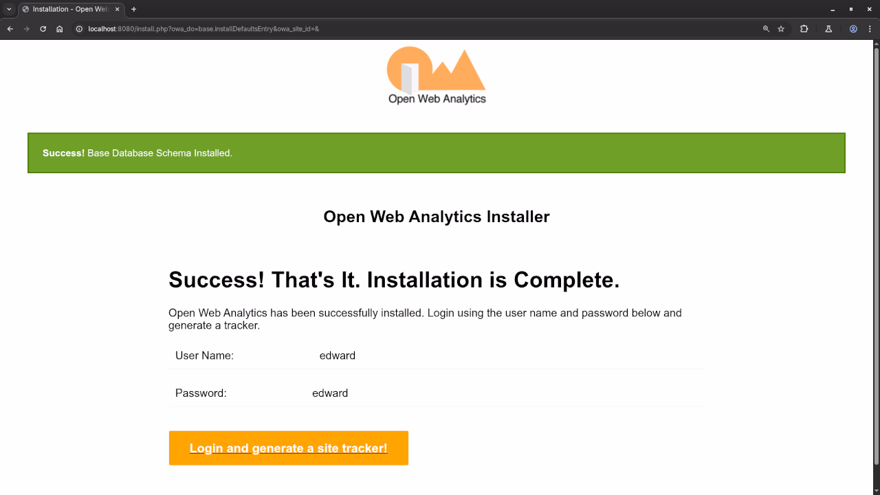 Open Web Analytics Installer Complete