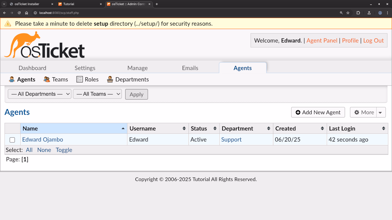 osTicket Backend Agent Panel Screen