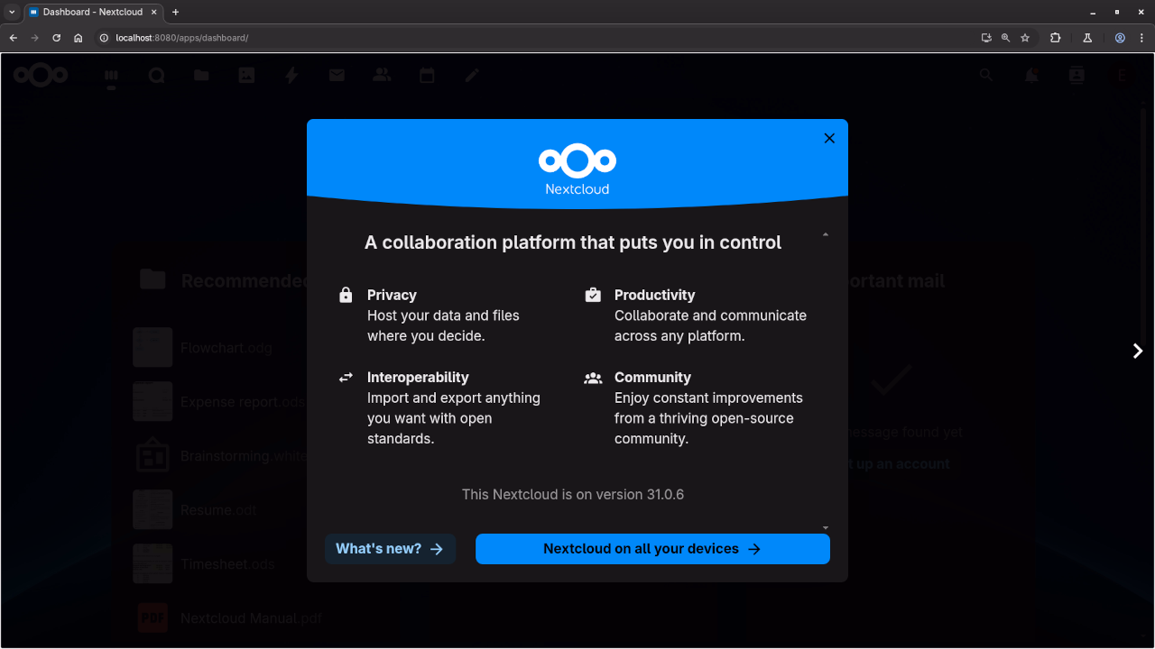 Installed Nextcloud running in a Podman Container
