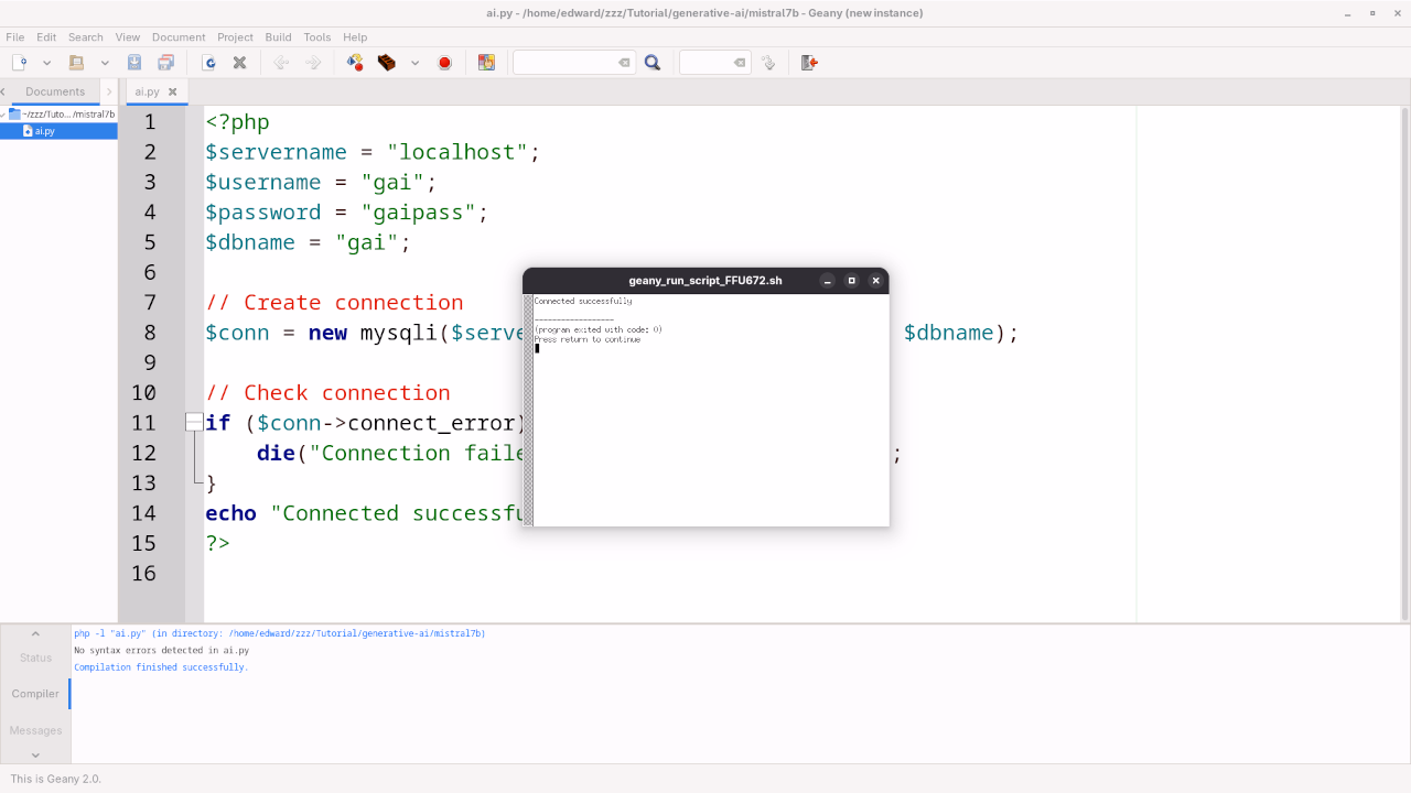 Geany IDE Displaying Executed PHP Code