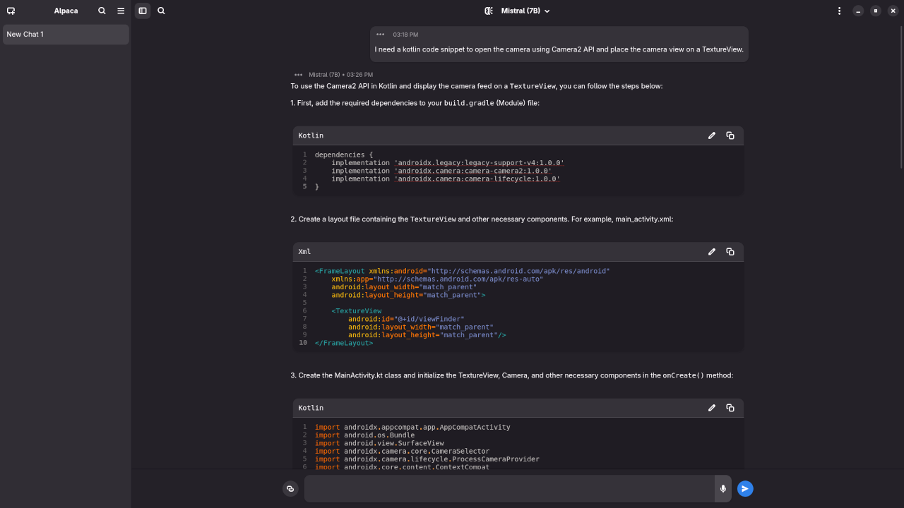 Alpaca With Mistral 7B v0.3 Model Answered Kotlin Code Request