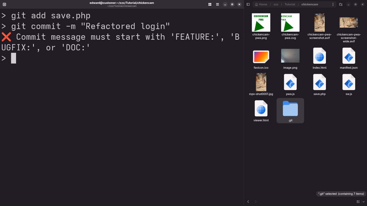 Terminal Showing Commit Being Blocked By Commit-Msg Hook