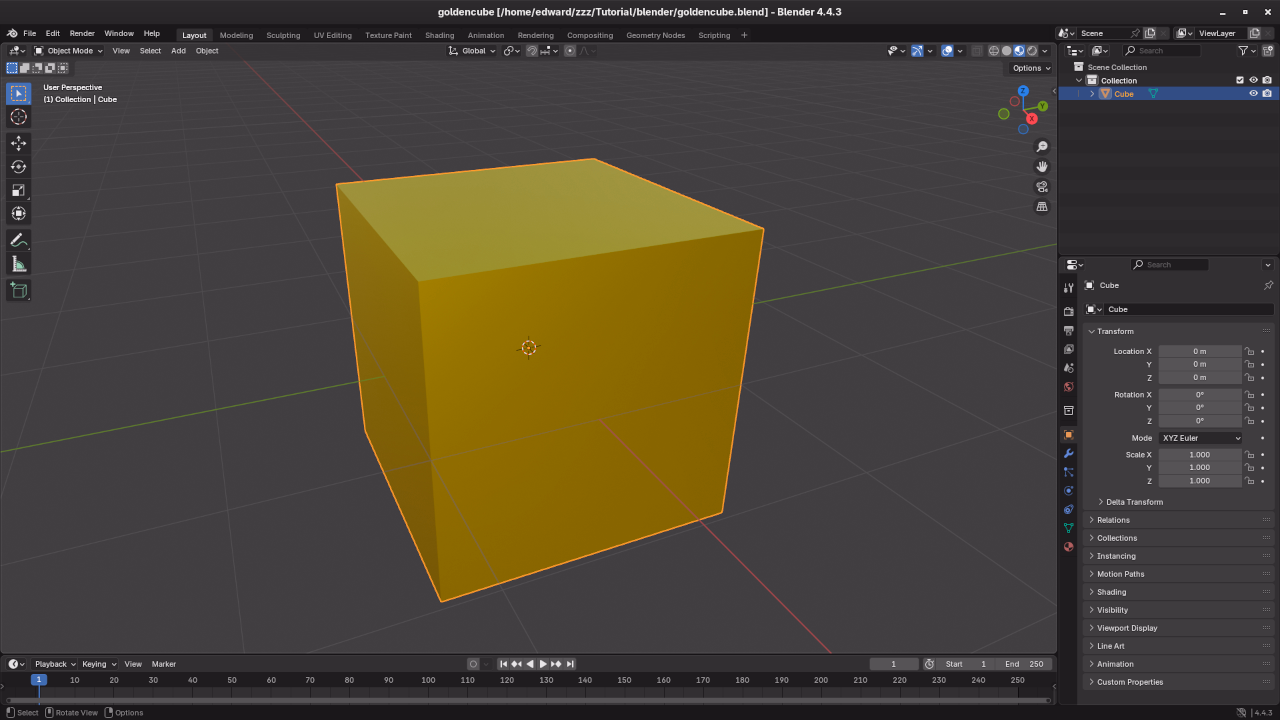 Golden cube in Blender viewport