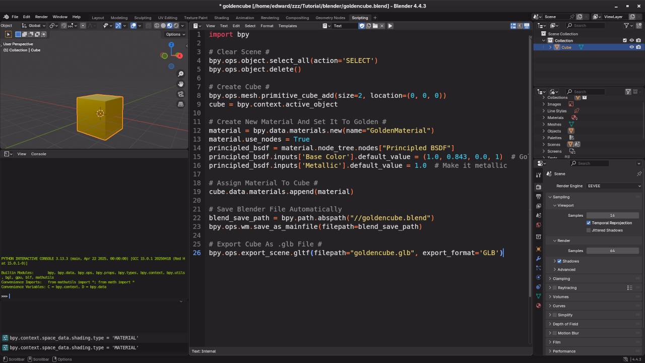 Golden cube in Blender scripting