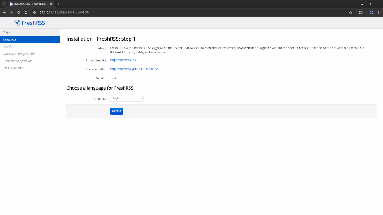 FreshRSS Installation Screen
