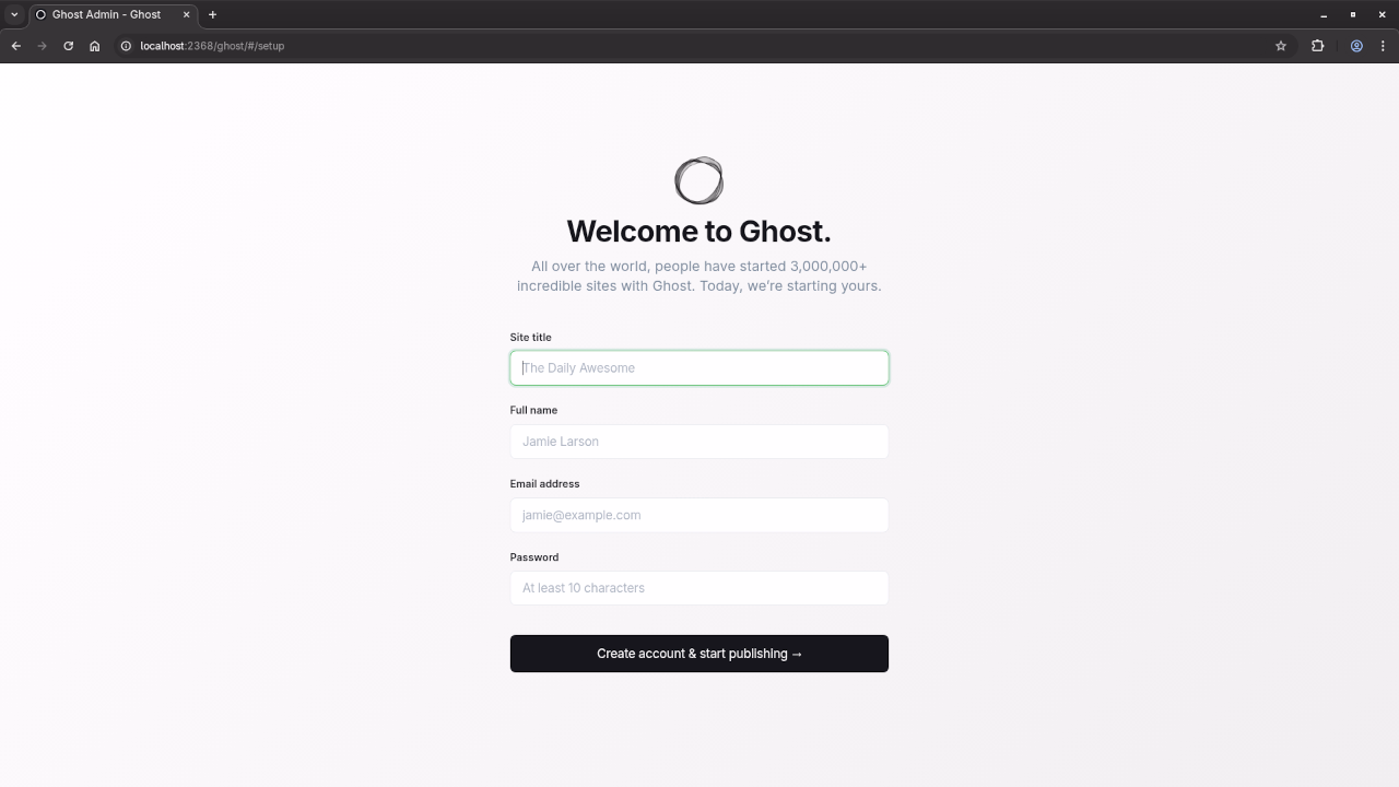Ghost CMS Installation Screen
