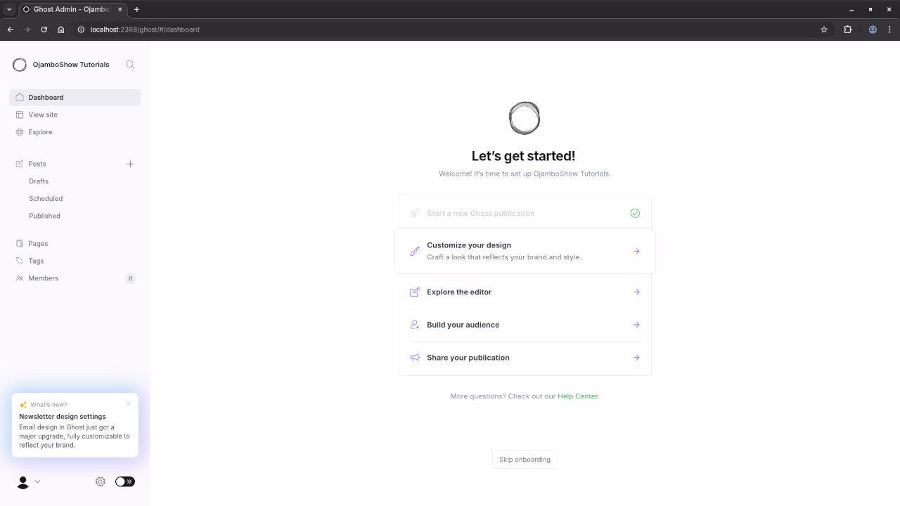 Ghost CMS Dashboad Screen