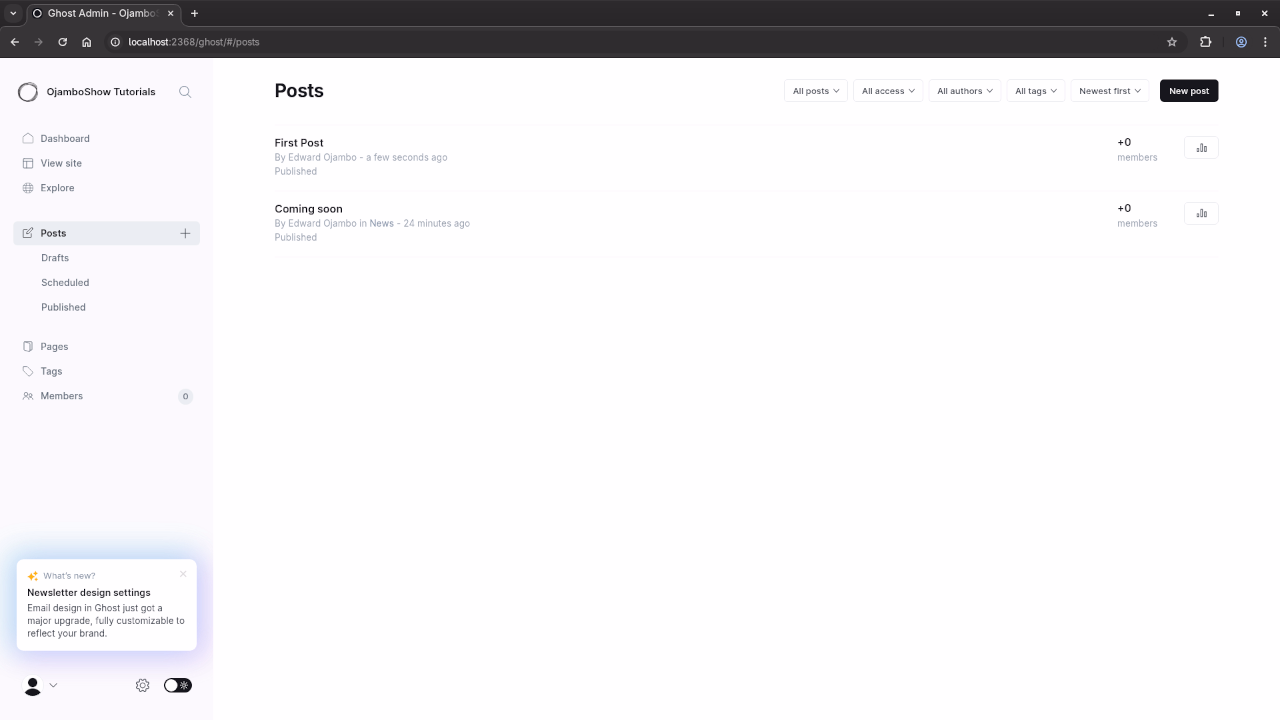 Ghost CMS Backend Posts Screen
