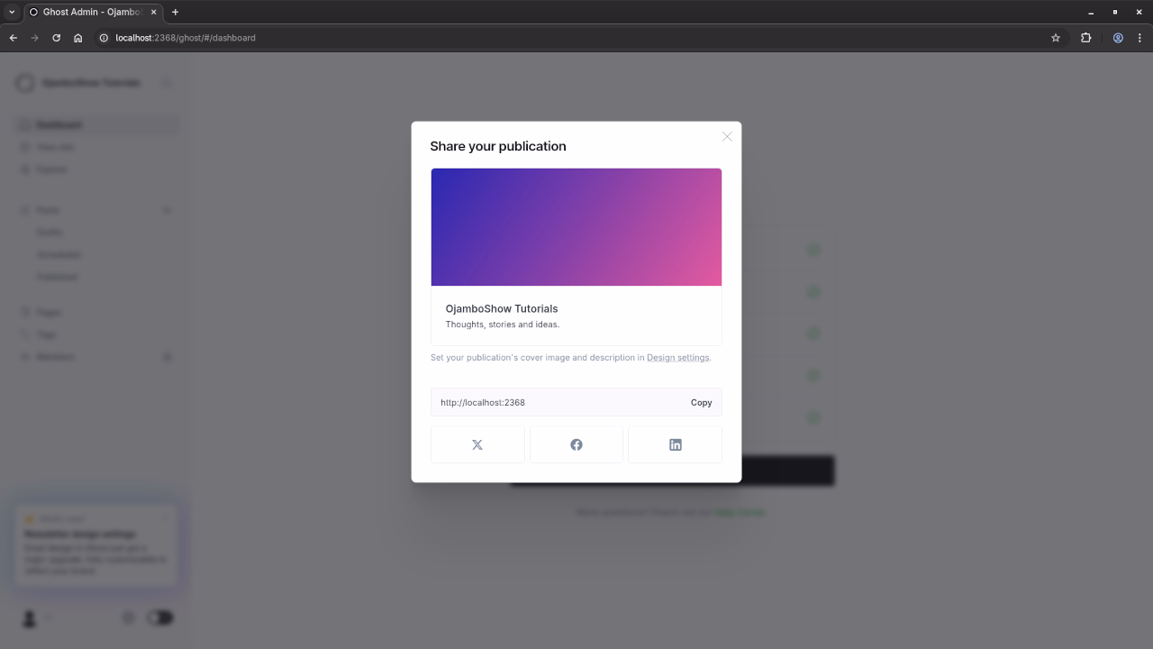 Ghost CMS Backend Share Screen