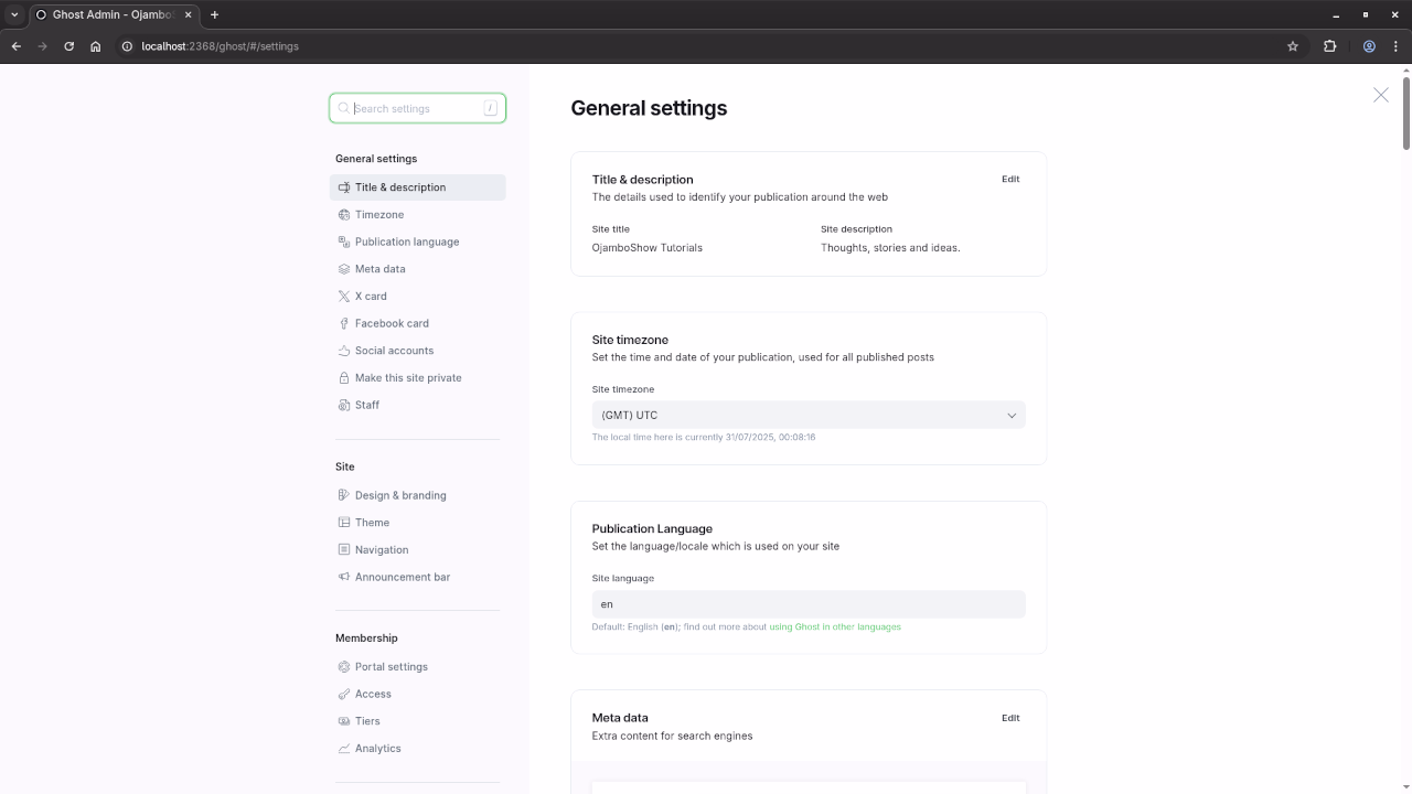 Ghost CMS General Settings Screen