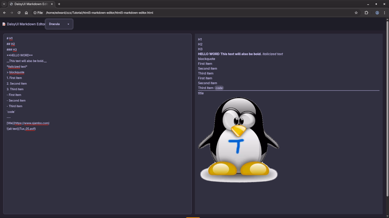 HTML5 Markdown Editor Dracula Theme