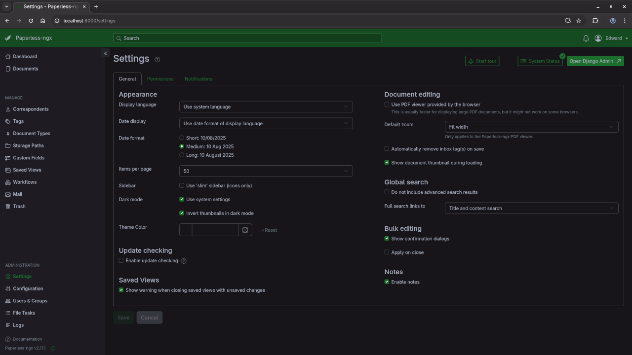 Paperless-ngx General Settings Screen