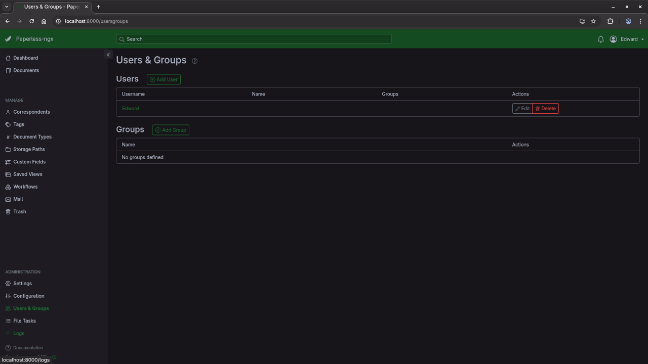 Paperless-ngx Users & Groups Screen