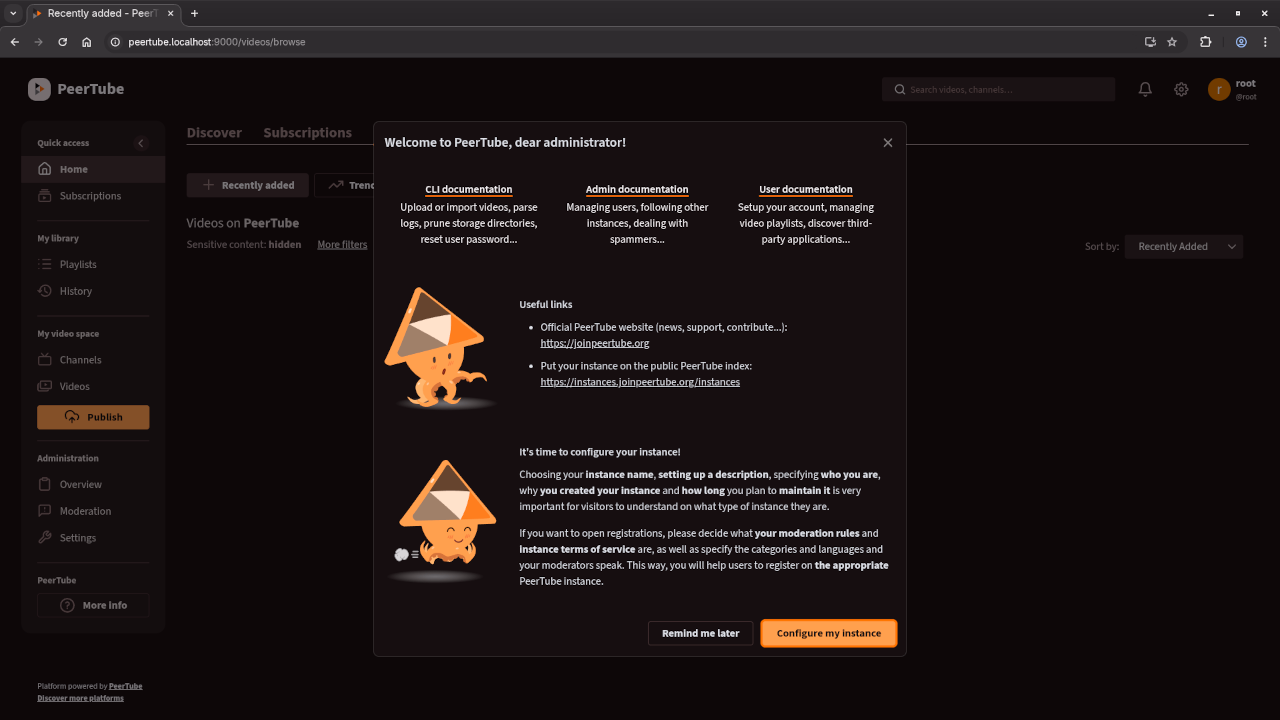 PeerTube Dashboad Screen