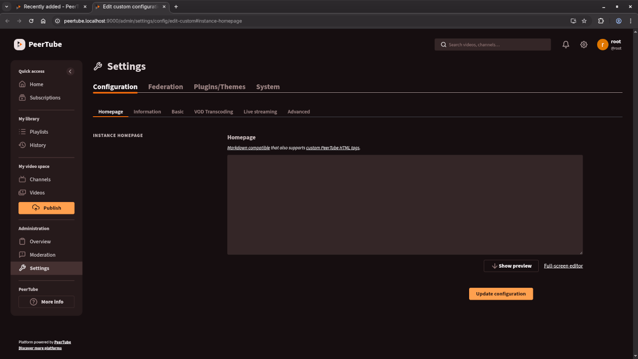 PeerTube General Settings Screen