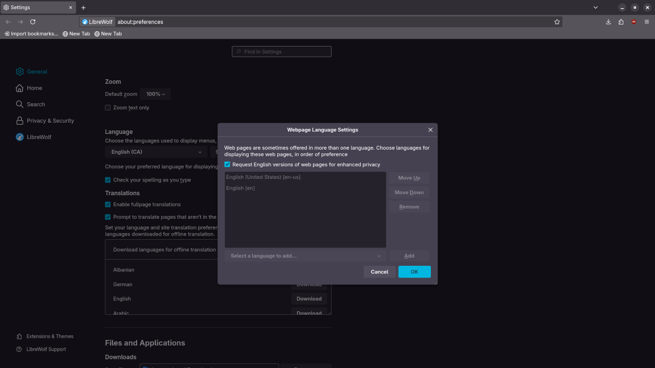 LibreWolf Language Settings