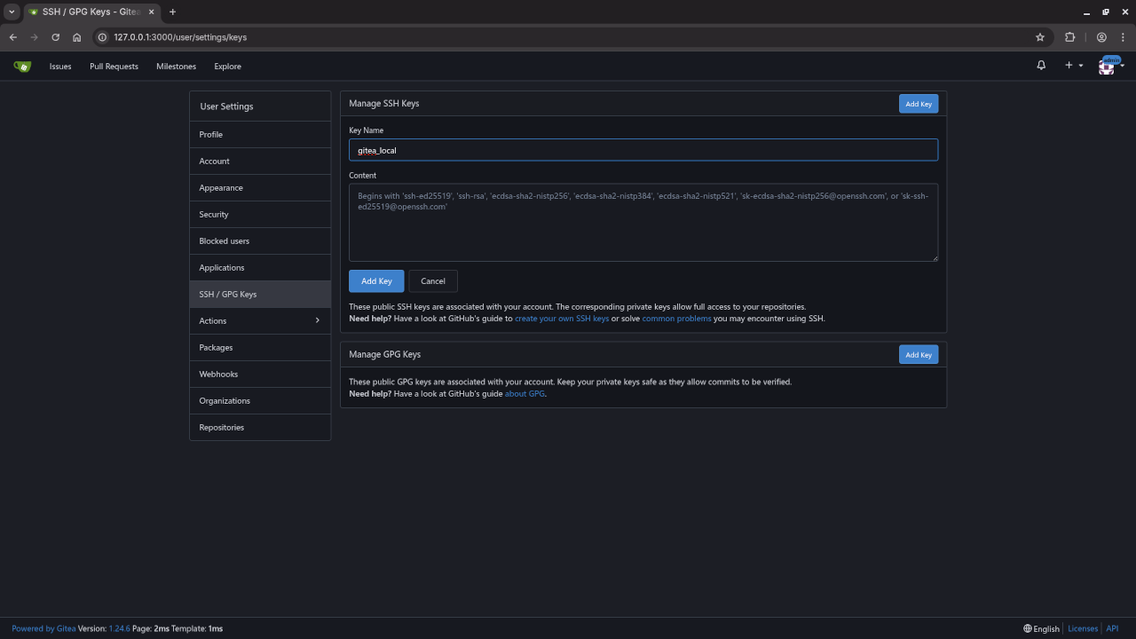 Gitea Add SSH Key