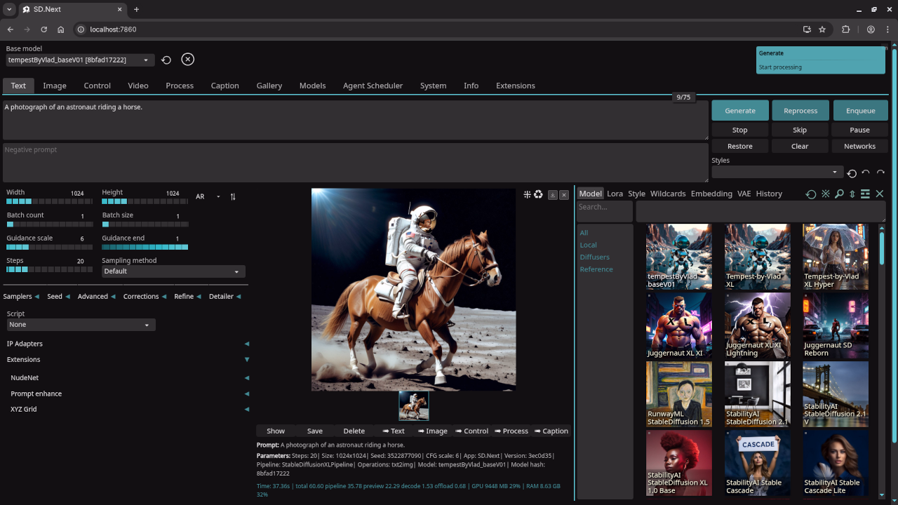 SD.Next generated photo about the astronaut riding a horse