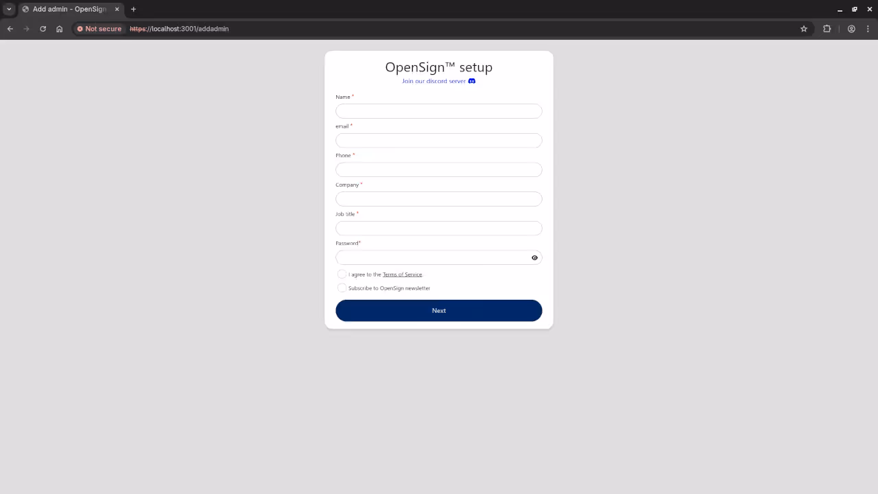 OpenSign Setup Screen