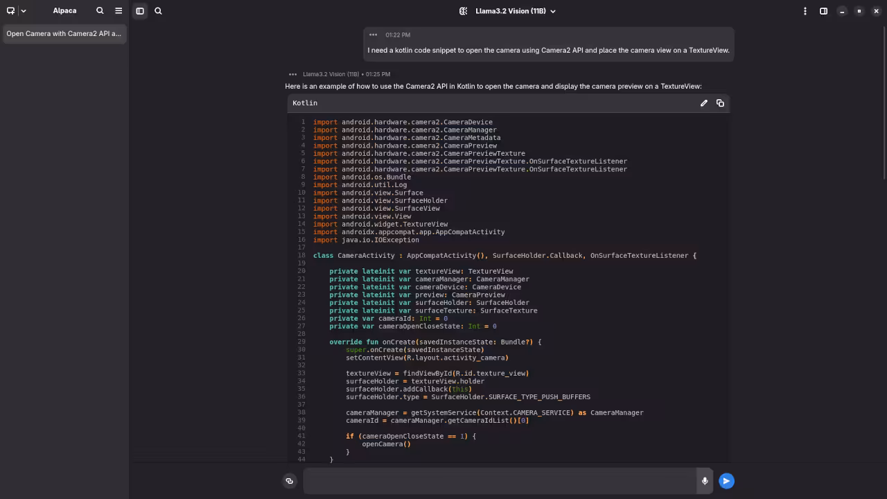 Llama 3.2 Vision 11B answered request for Kotlin code