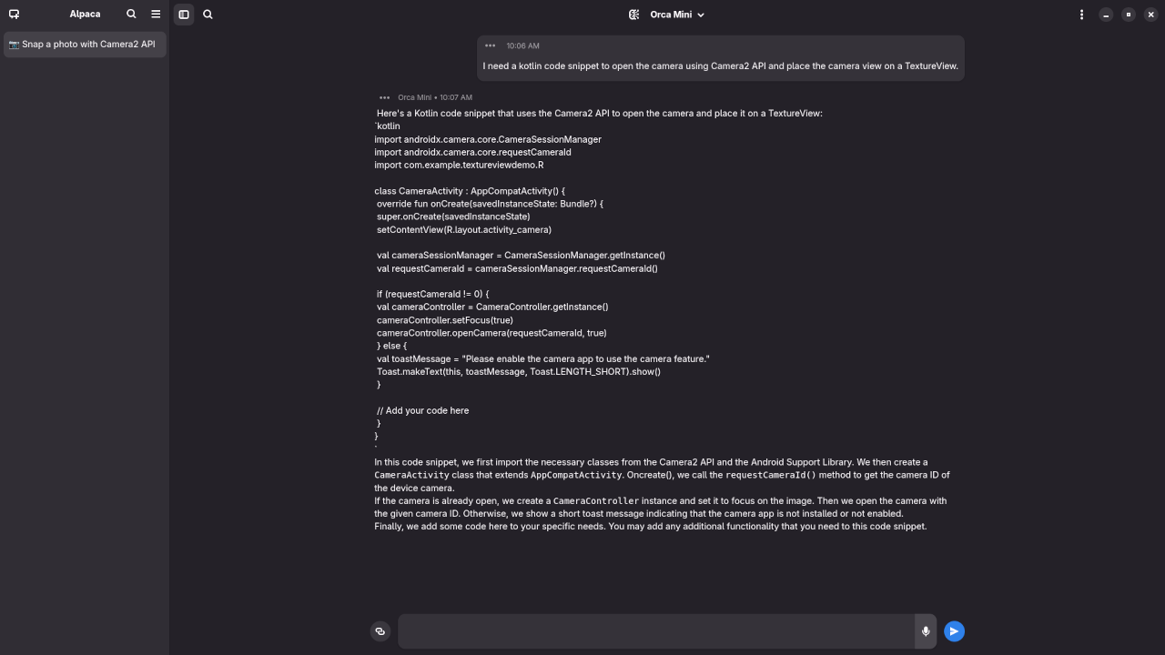 Orca Mini 3B answered request for Kotlin code