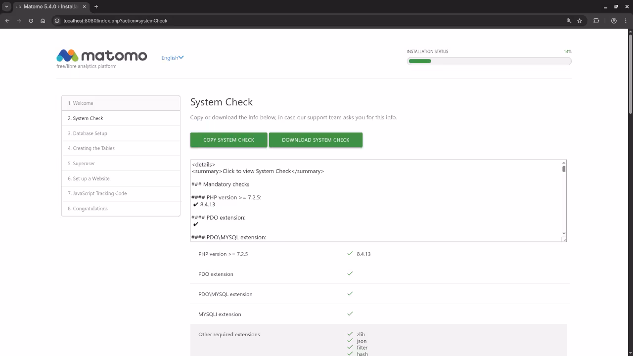 Matomo System Check Screen