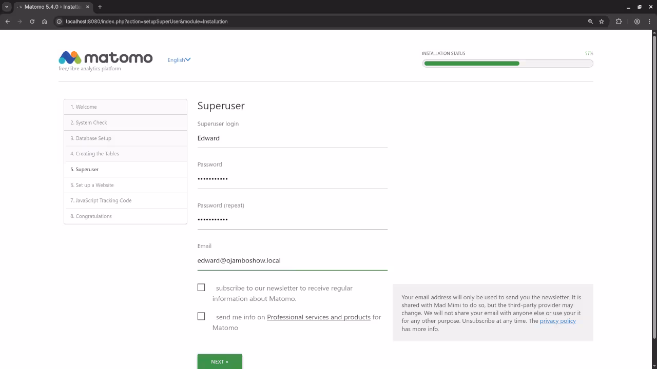 Matomo Superuser Screen