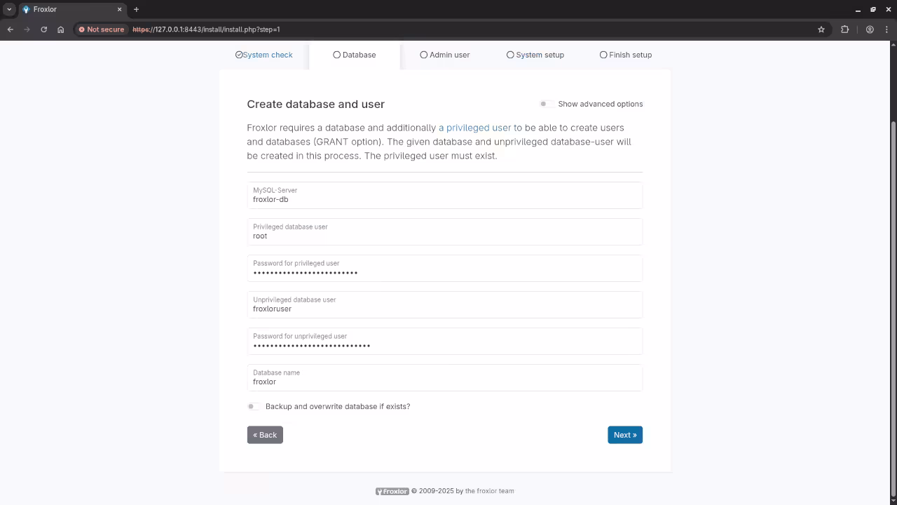 Froxlor Database Setup