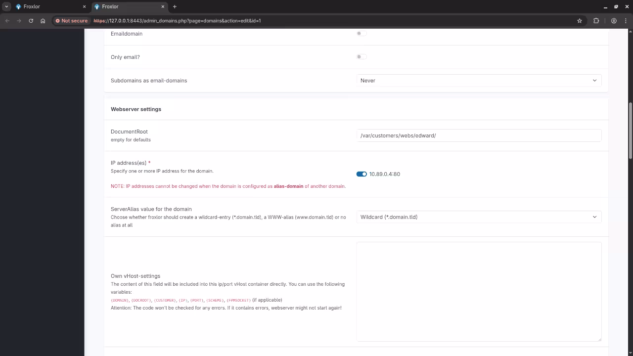 Froxlor Domain Server Alias