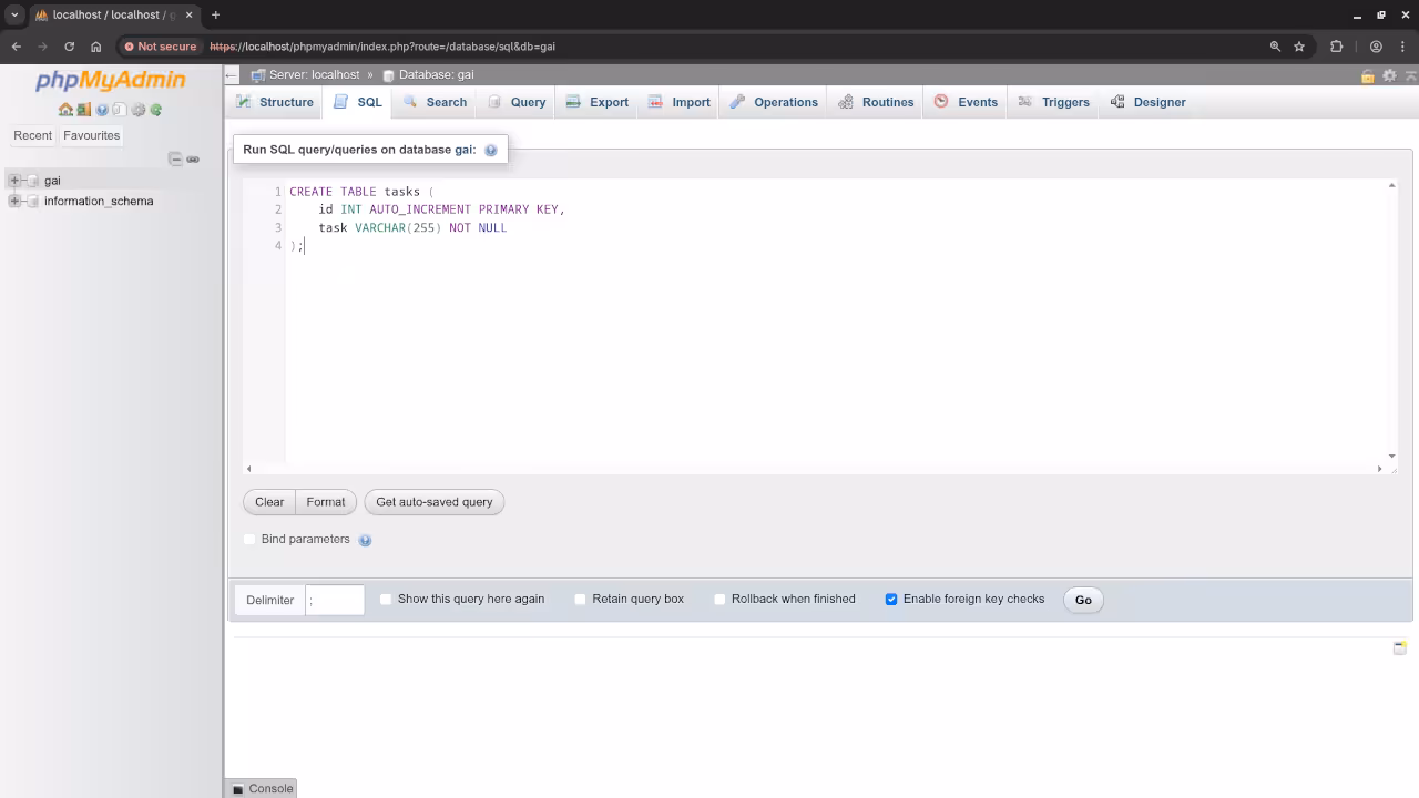 PHPMyAdmin Table Creation