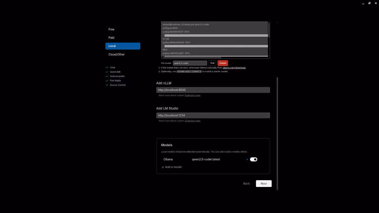 CortexIDE 1.4.9 Ollama Qwen 2.5-coder 7B