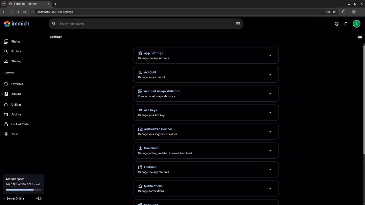 Immich User Settings