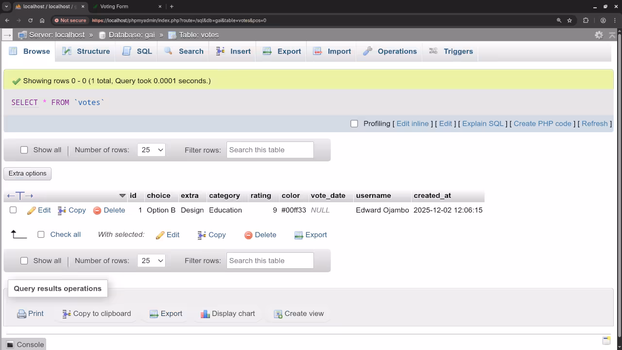 PHPMyAdmin Table Results
