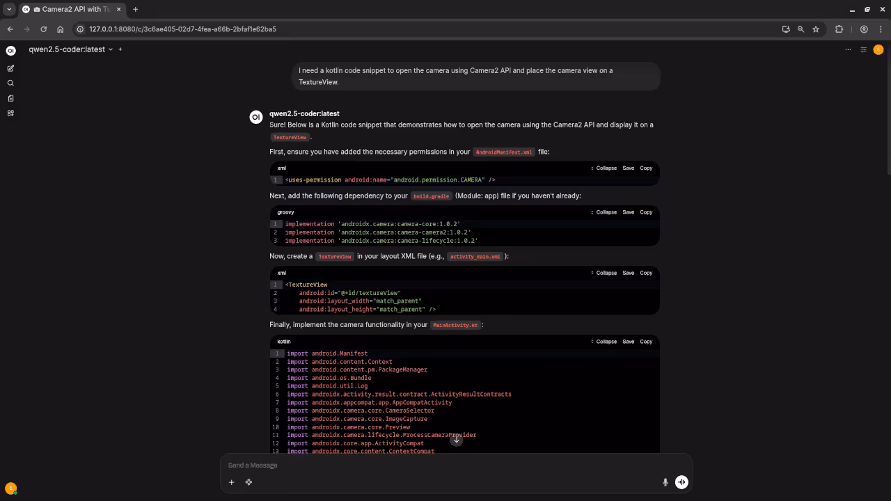 Qwen2.5-Coder 7B answered request for Kotlin code
