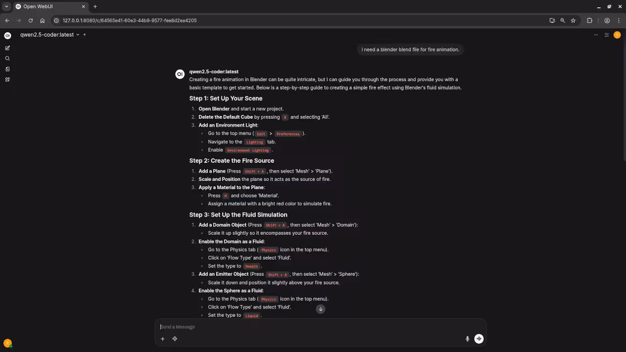 Qwen2.5-Coder 7B answered request for Blender Blend File