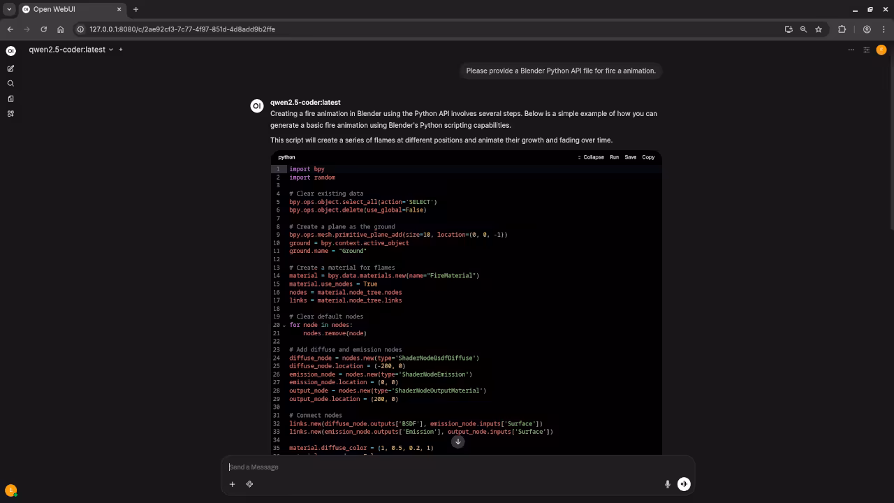Qwen2.5-Coder 7B answered request for Blender Python Code